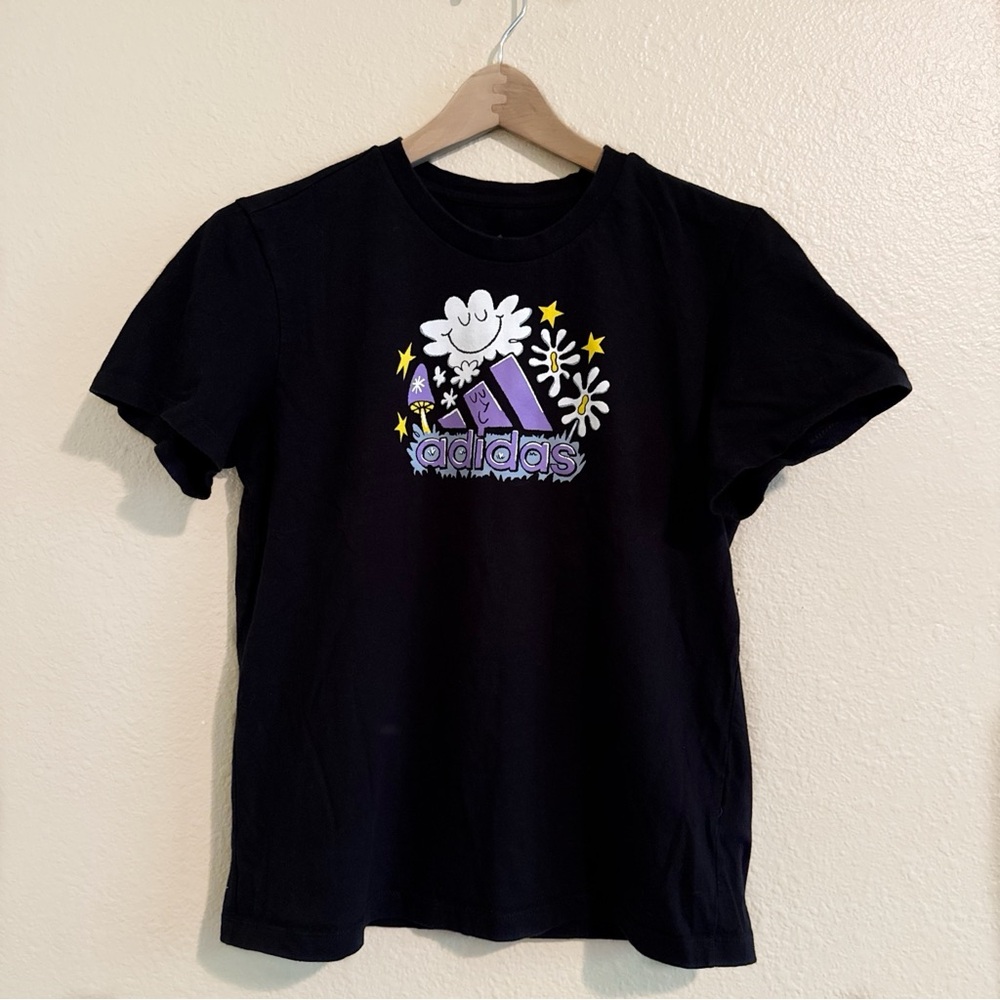 Adidas Doodle Black Graphic Cotton T Shirt Short Sleeve Logo Mushroom Cloud